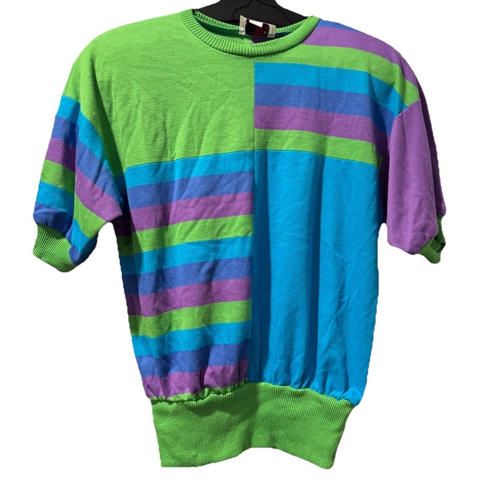 VTG 80's Color Block Bright Short Sleeve Sweatshirt Caron Chicago USA Made Small